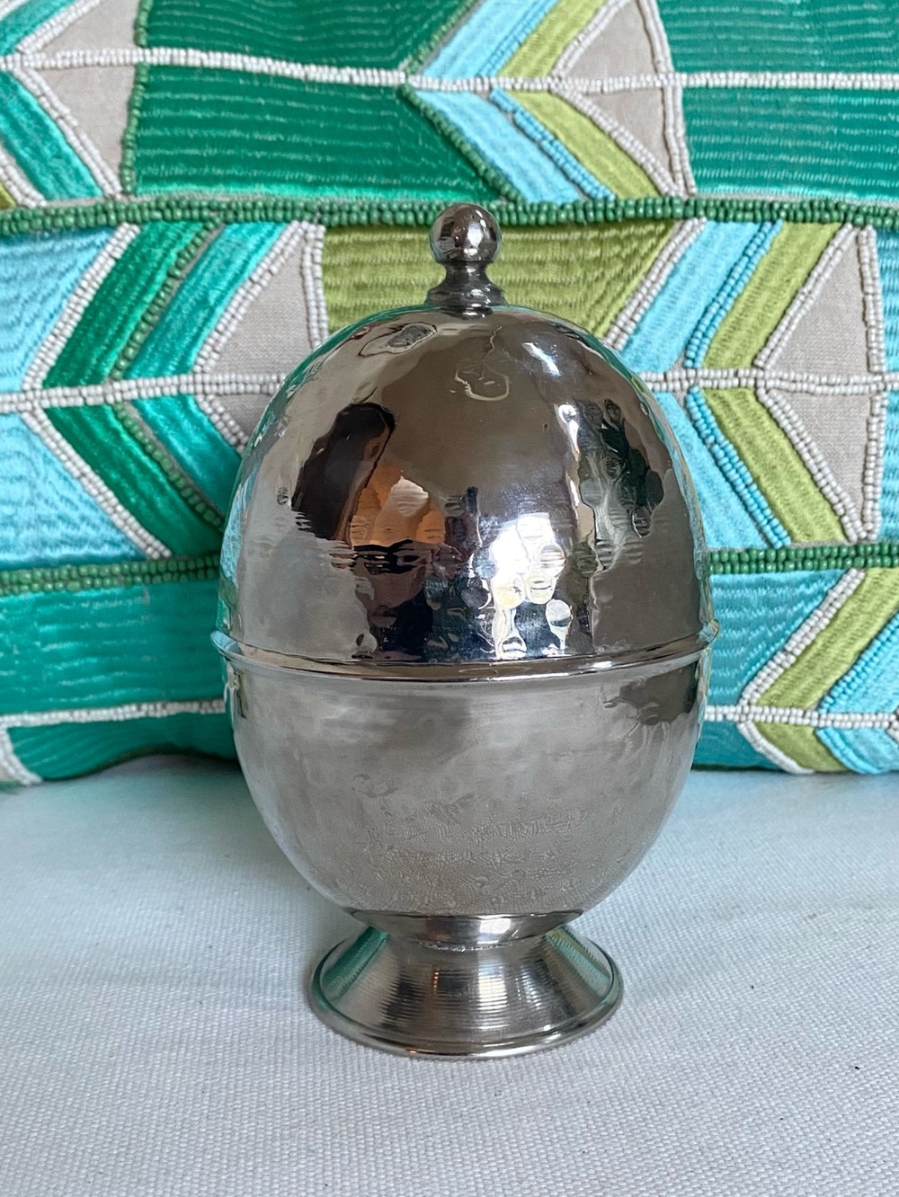 Vtg Turkish Hammered Silver Plate Egg Lidded Candy Sugar Trinket Dish 6.5”
